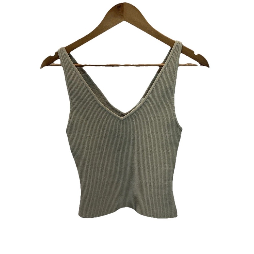 Aritzia Babaton Ribbed V‎ Neck Cropped Tank Top Size S Beige Sculpt Beige